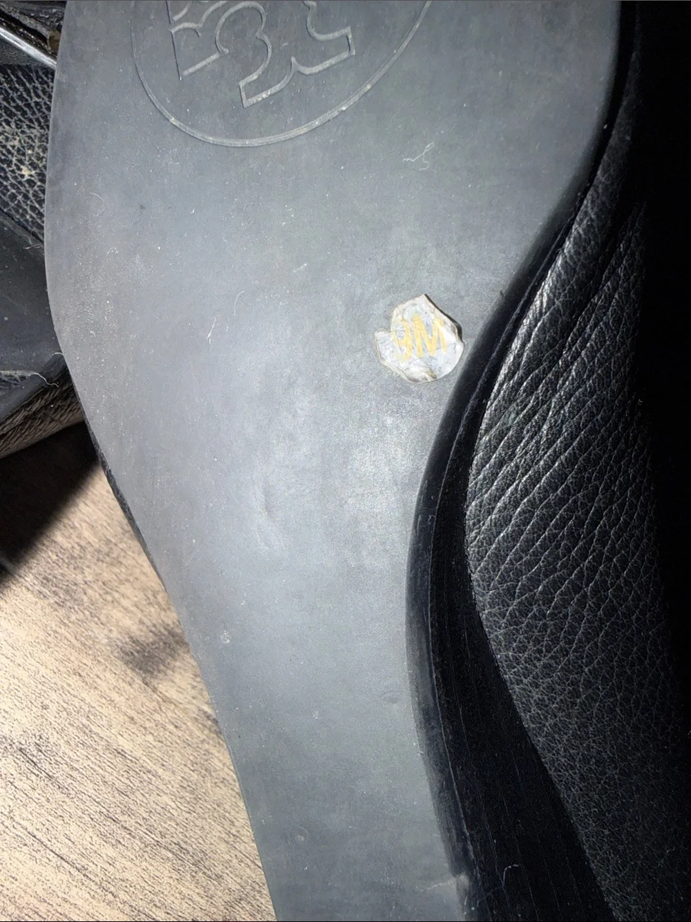 Tory Burch “Amanda”Black Leather Peep-Toe Flats with Gold Logo Medallion